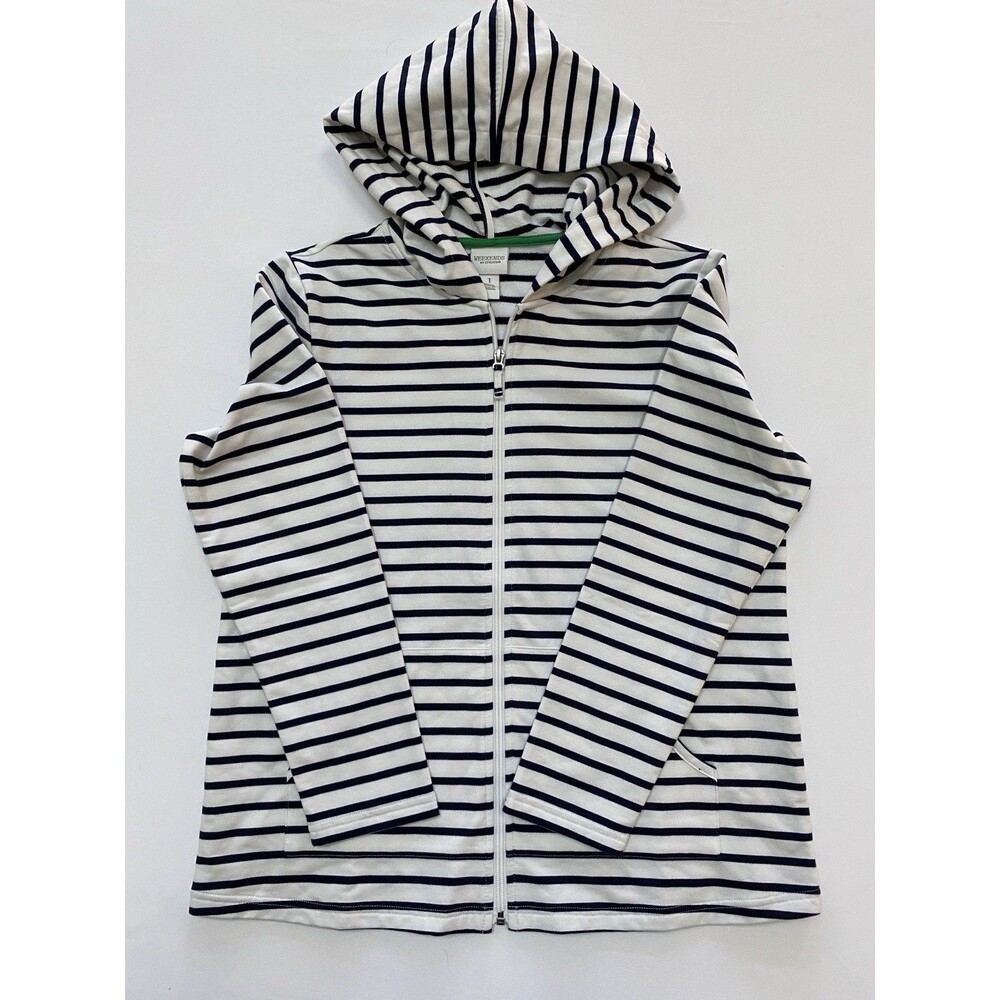 Weekends by Chicos Navy Blue White Striped Full Zip Hoodie Size 1 Nautical